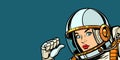 Astronaut woman fist hand pointing at herself