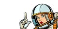 Astronaut woman pointing finger up, isolate on white background