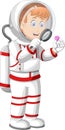 Astronaut Woman in White Red Suit Uniform With Magnifying Glass and Purple Ruby Cartoon