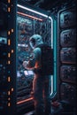 Astronaut working at space station in front of rack with servers. Generative Ai