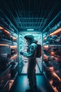 Astronaut working at space station in front of rack with servers. Generative Ai