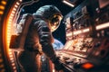 Astronaut working at space station in front of rack with servers. Generative Ai