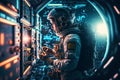 Astronaut working at space station in front of rack with servers. Generative Ai