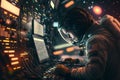 Astronaut working at space station in front of rack with servers. Generative Ai