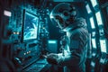 Astronaut working at space station in front of rack with servers. Generative Ai