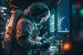 Astronaut working at space station in front of rack with servers. Generative Ai
