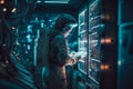 Astronaut working at space station in front of rack with servers. Generative Ai