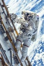 Astronaut working in zero gravity against Earth, spaceman floating outside space station, vertical view. Theme of science,