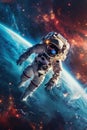 Astronaut working in zero gravity against Earth and stars, spaceman floating outside space station, vertical view. Theme of