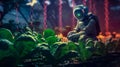 astronaut works on an extraterrestrial vegetable garden, glowing luminous vegetable garden of the future, futuristic technology of