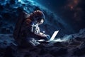 An astronaut works on his laptop in space.