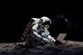 An astronaut works on his laptop in space