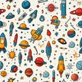 Astronautics scribbles seamless pattern - hand-drawn space-themed on white background