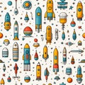 Astronautics scribbles seamless pattern - hand-drawn space-themed on white background