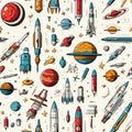 Astronautics scribbles seamless pattern - hand-drawn space-themed on white background