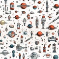 Astronautics scribbles seamless pattern - hand-drawn space-themed on white background