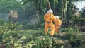 Astronauts battle the dinosaur Tyrannosaurus Rex in a prehistoric alien jungle. 3D Rendering.