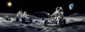 Astronauts in buggies on a reconnaissance mission across the moon\'s rocky terrain