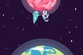 Astronauts characters set in flat cartoon style. Human spaceman and a cute extraterrestrial. Set of universe infographic