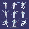 Astronauts characters. Spaceman people in action poses overall professional clothes suit vector cosmonaut