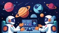 Astronauts in a command center meticulously analyzing data collected from a distant planet.. Vector illustration.