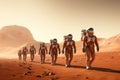 Astronauts in the desert. 3D render. Vintage style, A group of astronauts walking on Mars to explore, AI Generated