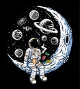 Astronauts drinking coffee and eating donuts on the moon illustration