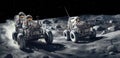 Astronauts driving buggies in a daring race across the moon\'s barren landscape