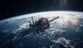 Astronauts explore the galaxy in a futuristic spaceship orbiting Earth generated by AI