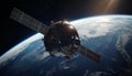 Astronauts explore space in spaceships orbiting planets and galaxies generated by AI