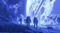 Astronauts exploring an alien moon landscape