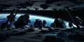 Astronauts exploring an asteroid spaceship 3D rendering elements Royalty Free Stock Photo