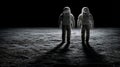 Astronauts exploring desolate lunar surface, dramatic lighting, long shadows, space discovery, dark sky. Royalty Free Stock Photo