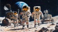 Astronauts exploring lunar surface with earth in background and rover equipment under starry sky