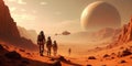 Astronauts exploring a Martian-like landscape.