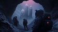 Astronauts Exploring Mysterious Cave with Crystals in Futuristic Sci-Fi Setting Royalty Free Stock Photo