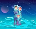 Astronauts family flat vector illustration. Cheerful mother, father and daughter cartoon characters. Happy couple with