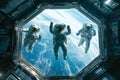 Astronauts Floating in Crystalline Space Station with Cosmos View