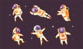 Astronauts Floating in Outer Space Set, Spaceman in Spacesuit Performing Extravehicular Activity Vector Illustration