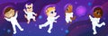 Astronauts fly in space. A boy, a girl, dogs in astronaut costumes and planets in the background.