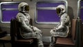 Astronauts fly on a space train through the universe at breakneck speed. A space train with astronauts travelling at the