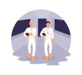 Astronauts heading to spaceship 2D vector web banner, poster