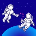 Two cute astronauts in love are exchanging messages. Vector color illustration for Valentine`s Day.