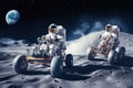 Astronauts on lunar vehicles racing across the moon\'s surface. Moon exploration concept. Generative AI