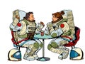 Astronauts man and woman couple date in a cafe. Meeting two friends