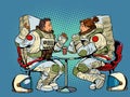 Astronauts man and woman couple date in a cafe. Meeting two friends