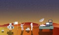 Astronauts on Mars concept vector illustration. Landing to red planet. Space scientists and rover.