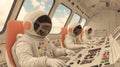 Astronauts operating spacecraft controls in futuristic space capsule interior Royalty Free Stock Photo
