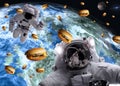 Astronauts in outer space with cheseburgers on the Earth and Marts planets on the background.