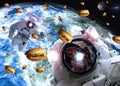 Astronauts in outer space with cheseburgers on the Earth and Marts planets on the background.